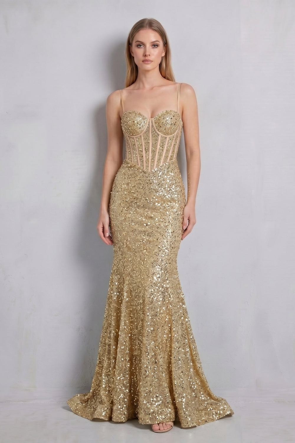 Sparkly Gold Spaghetti Straps Sequin Mermaid Long Prom Dress