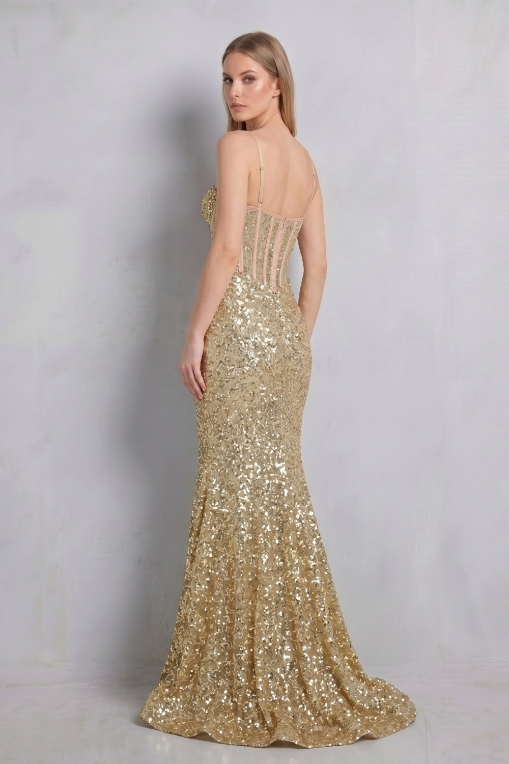 Sparkly Gold Spaghetti Straps Sequin Mermaid Long Prom Dress