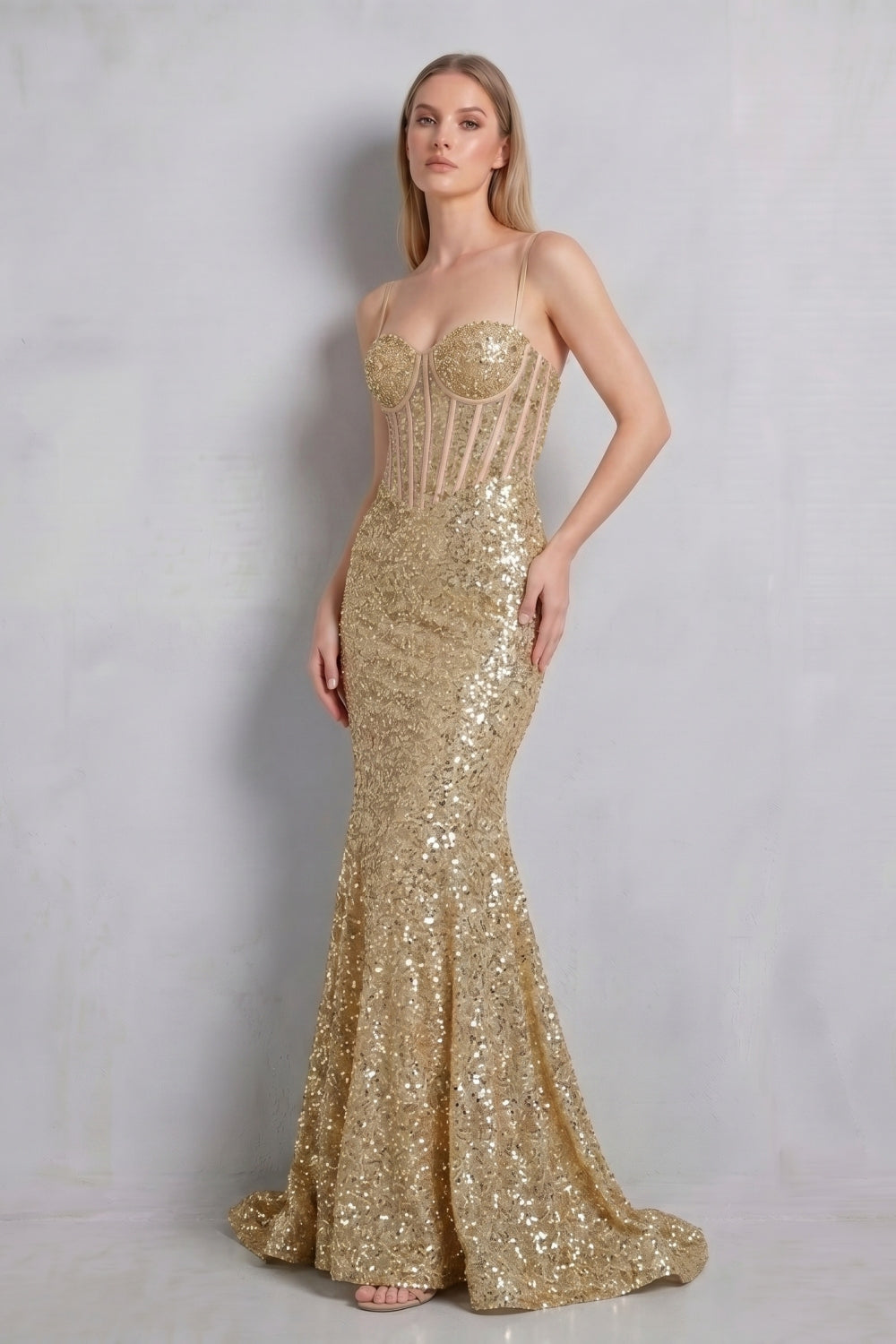 Sparkly Gold Spaghetti Straps Sequin Mermaid Long Prom Dress