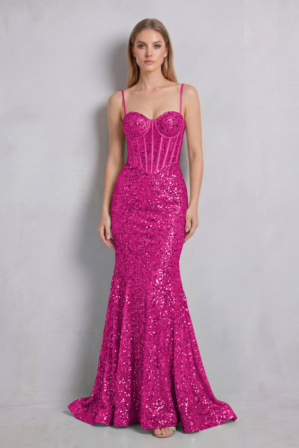 Sparkly Gold Spaghetti Straps Sequin Mermaid Long Prom Dress