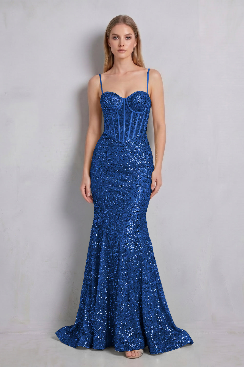Sparkly Gold Spaghetti Straps Sequin Mermaid Long Prom Dress