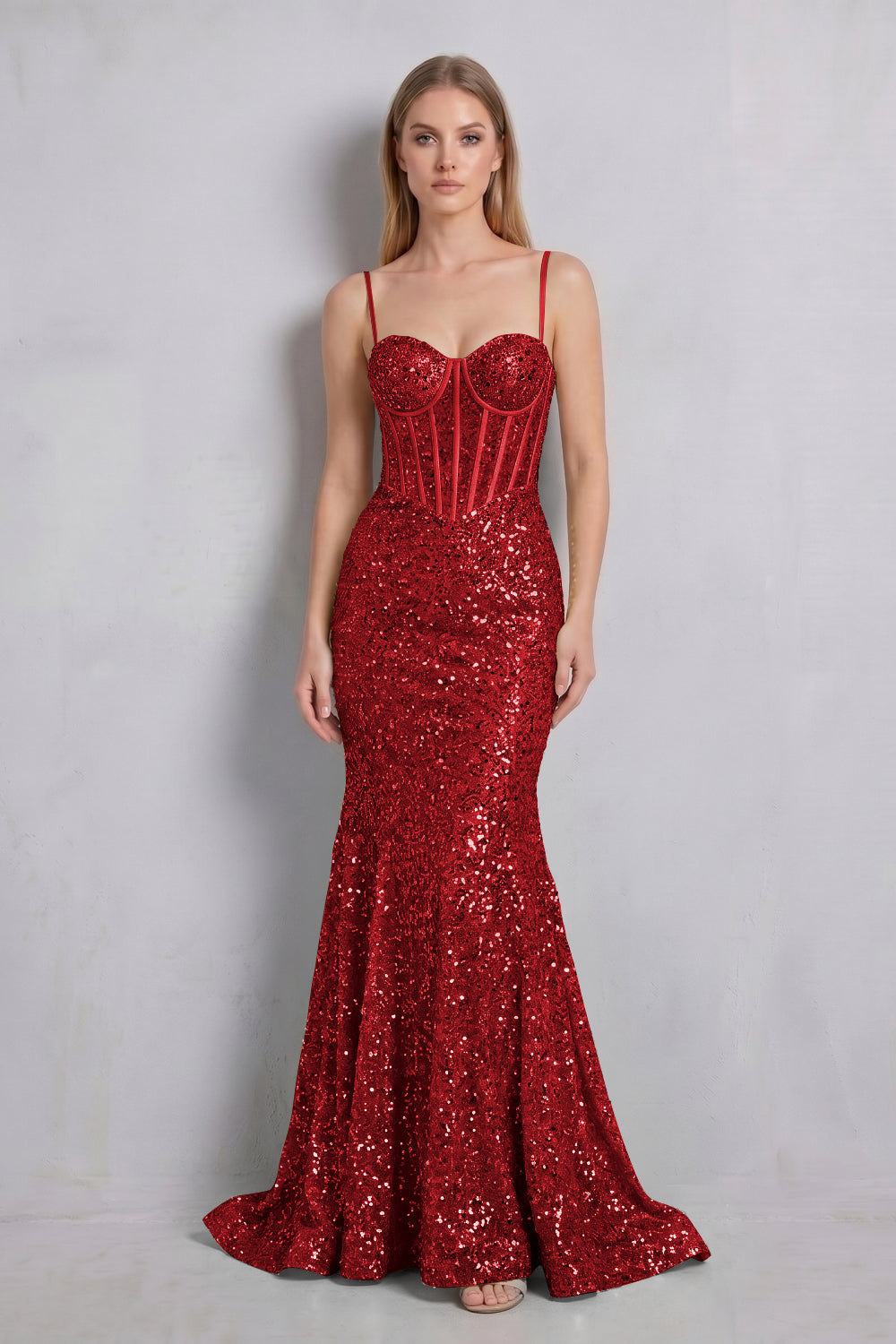 Sparkly Gold Spaghetti Straps Sequin Mermaid Long Prom Dress