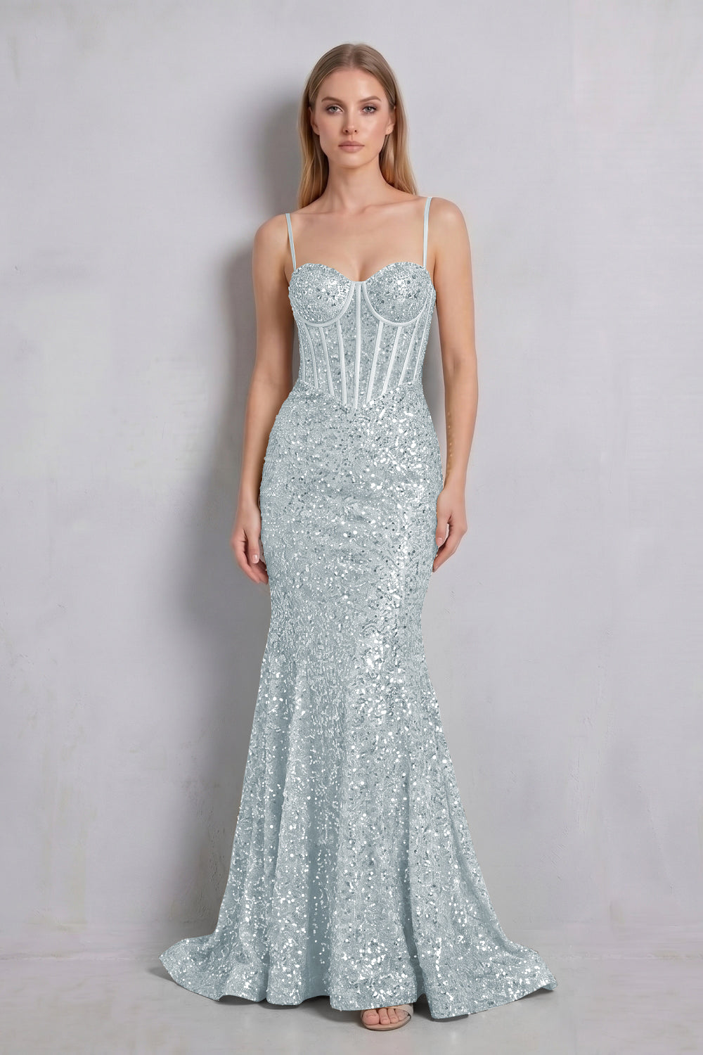 Sparkly Gold Spaghetti Straps Sequin Mermaid Long Prom Dress