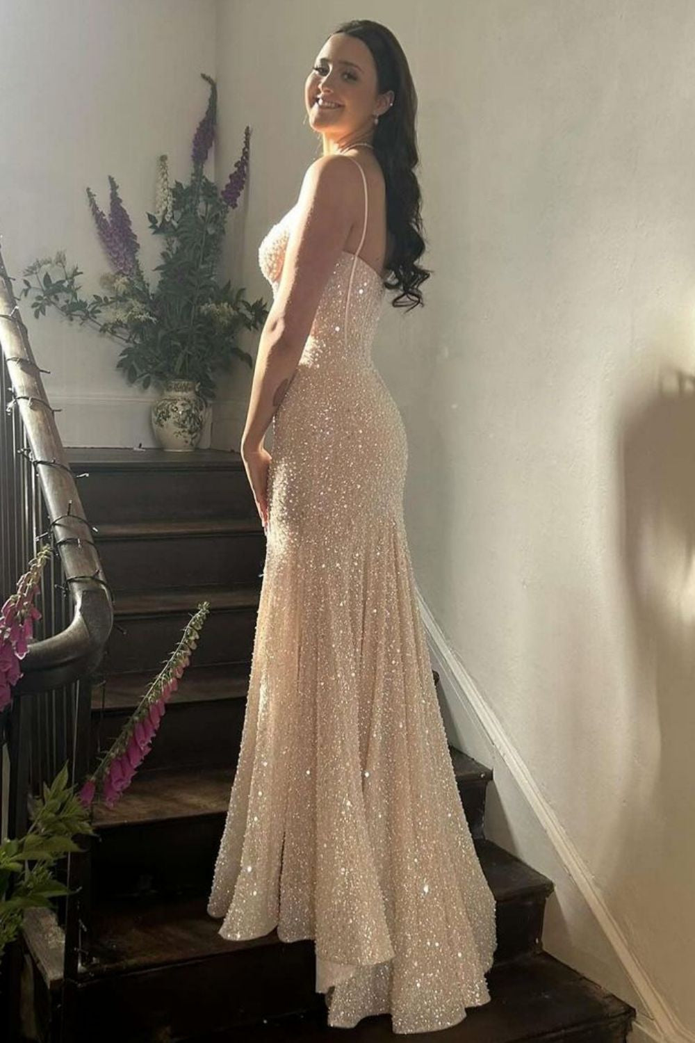 Sparkly Gold Spaghetti Straps Mermaid Sequin Long Corset Prom Dress