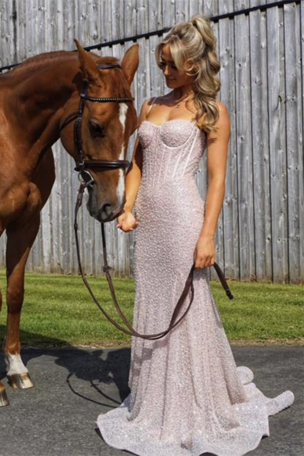 Sparkly Gold Spaghetti Straps Mermaid Sequin Long Corset Prom Dress