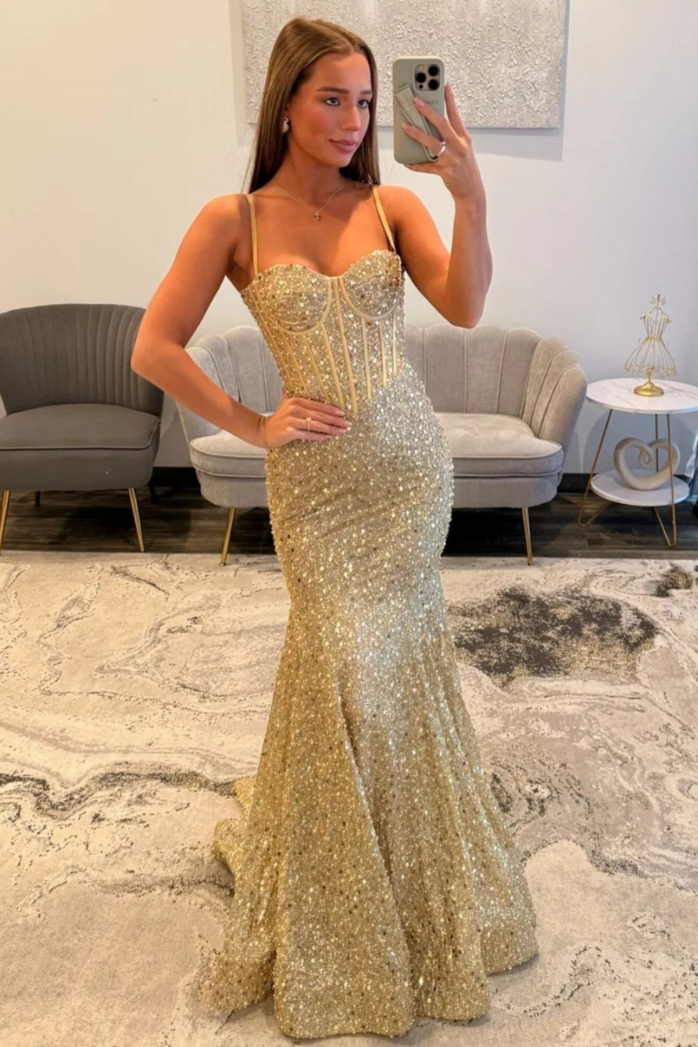 Sparkly Gold Spaghetti Straps Mermaid Sequin Long Corset Prom Dress