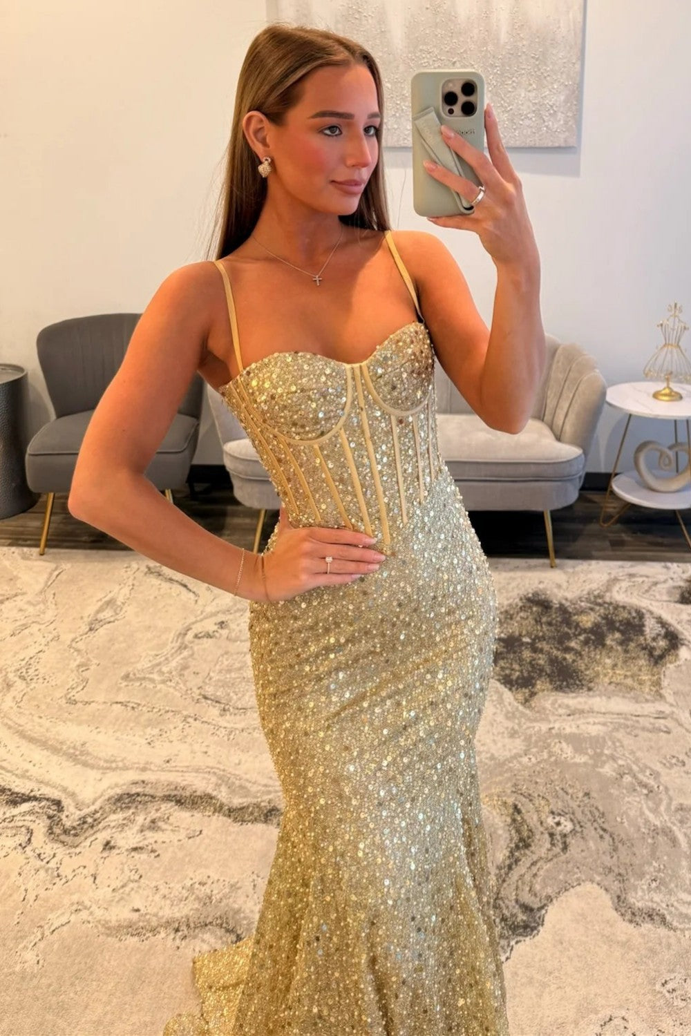 Sparkly Gold Spaghetti Straps Mermaid Sequin Long Corset Prom Dress
