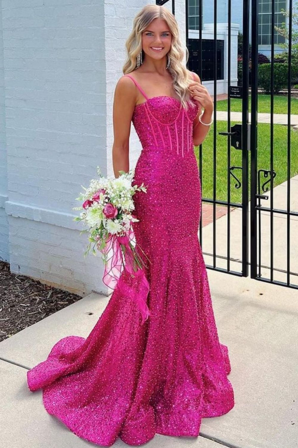 Sparkly Gold Spaghetti Straps Mermaid Sequin Long Corset Prom Dress