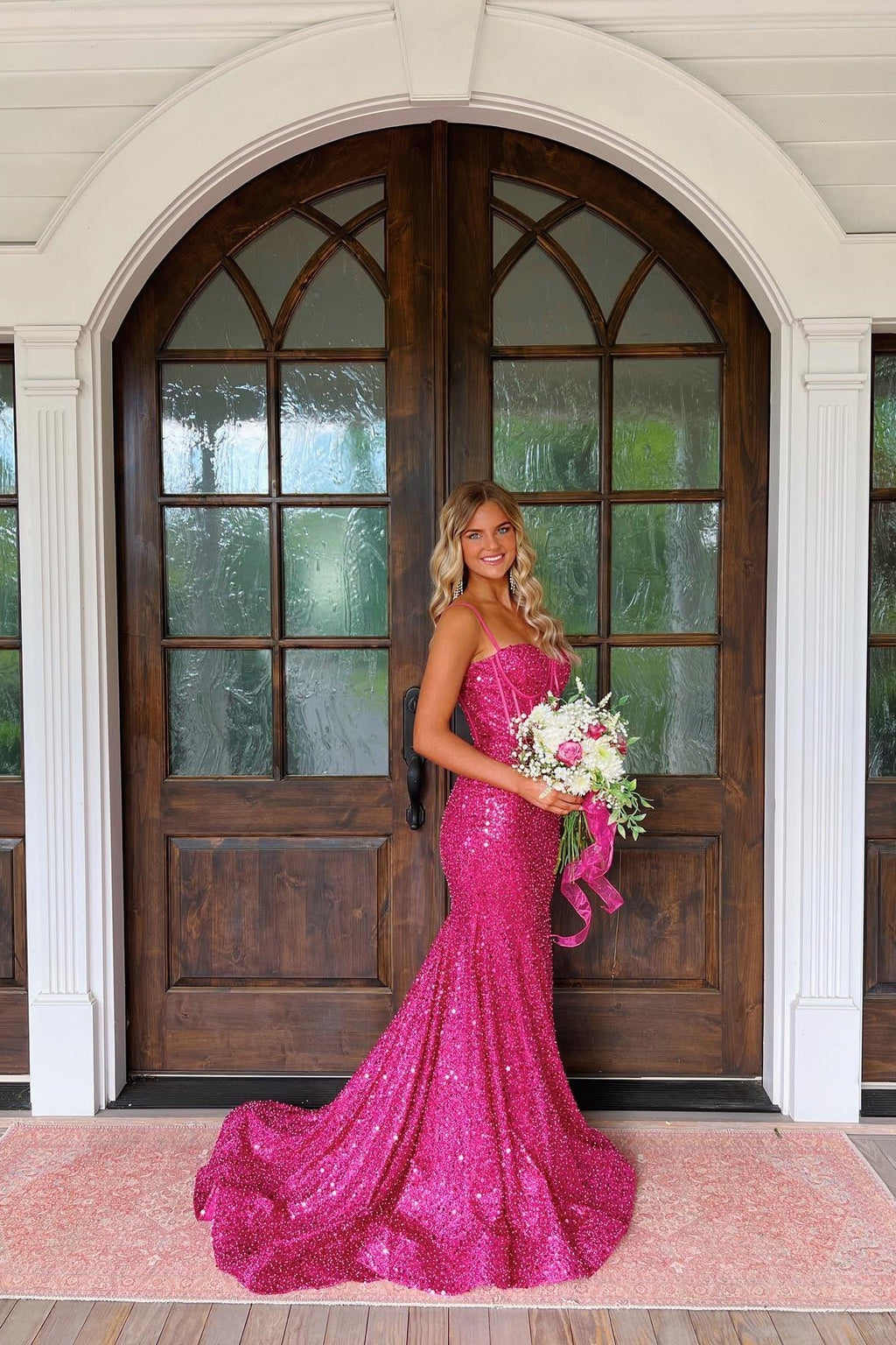 Sparkly Gold Spaghetti Straps Mermaid Sequin Long Corset Prom Dress