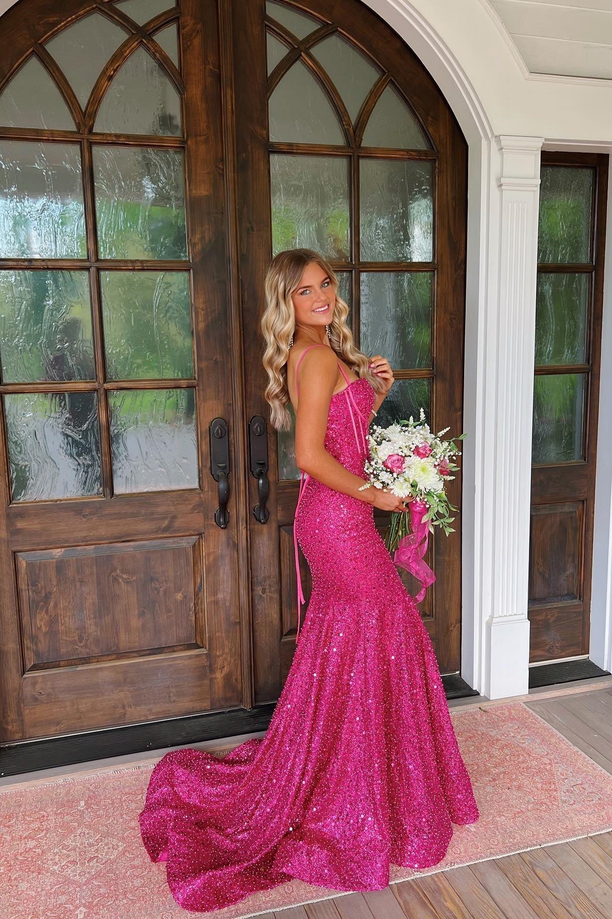 Sparkly Gold Spaghetti Straps Mermaid Sequin Long Corset Prom Dress