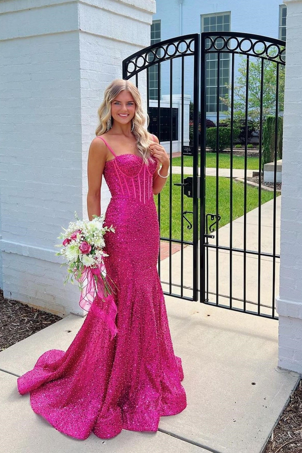 Sparkly Gold Spaghetti Straps Mermaid Sequin Long Corset Prom Dress