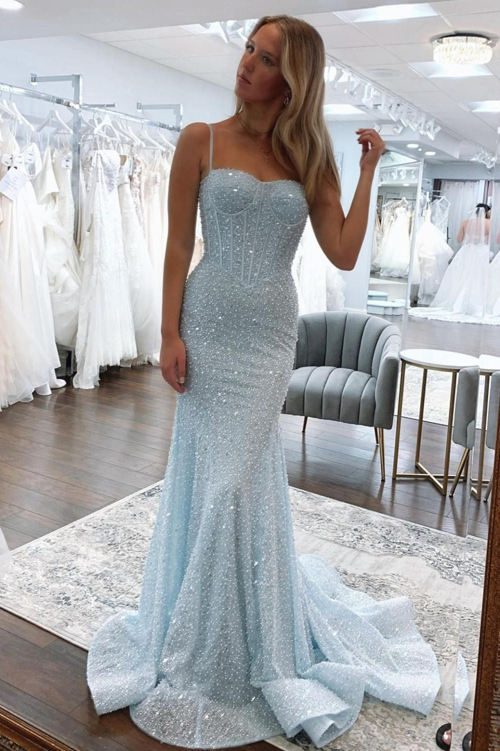 Sparkly Gold Spaghetti Straps Mermaid Sequin Long Corset Prom Dress