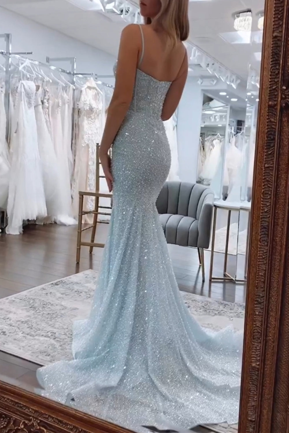Sparkly Gold Spaghetti Straps Mermaid Sequin Long Corset Prom Dress