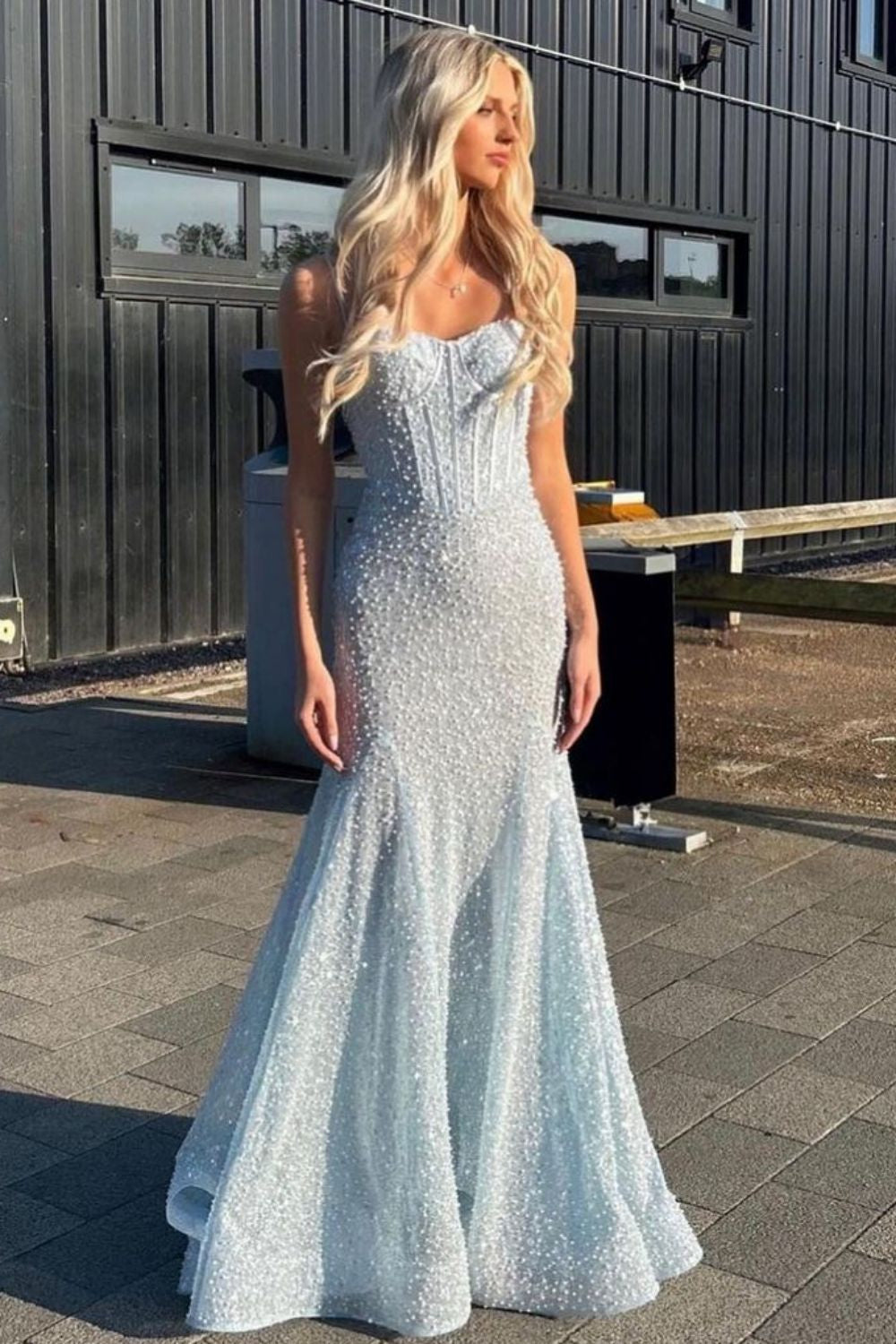 Sparkly Gold Spaghetti Straps Mermaid Sequin Long Corset Prom Dress