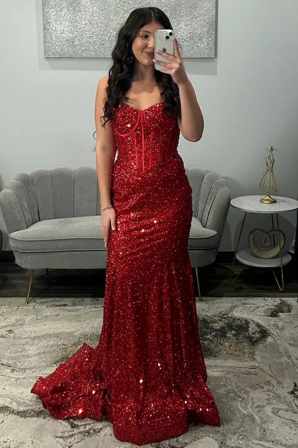 Sparkly Gold Spaghetti Straps Mermaid Sequin Long Corset Prom Dress