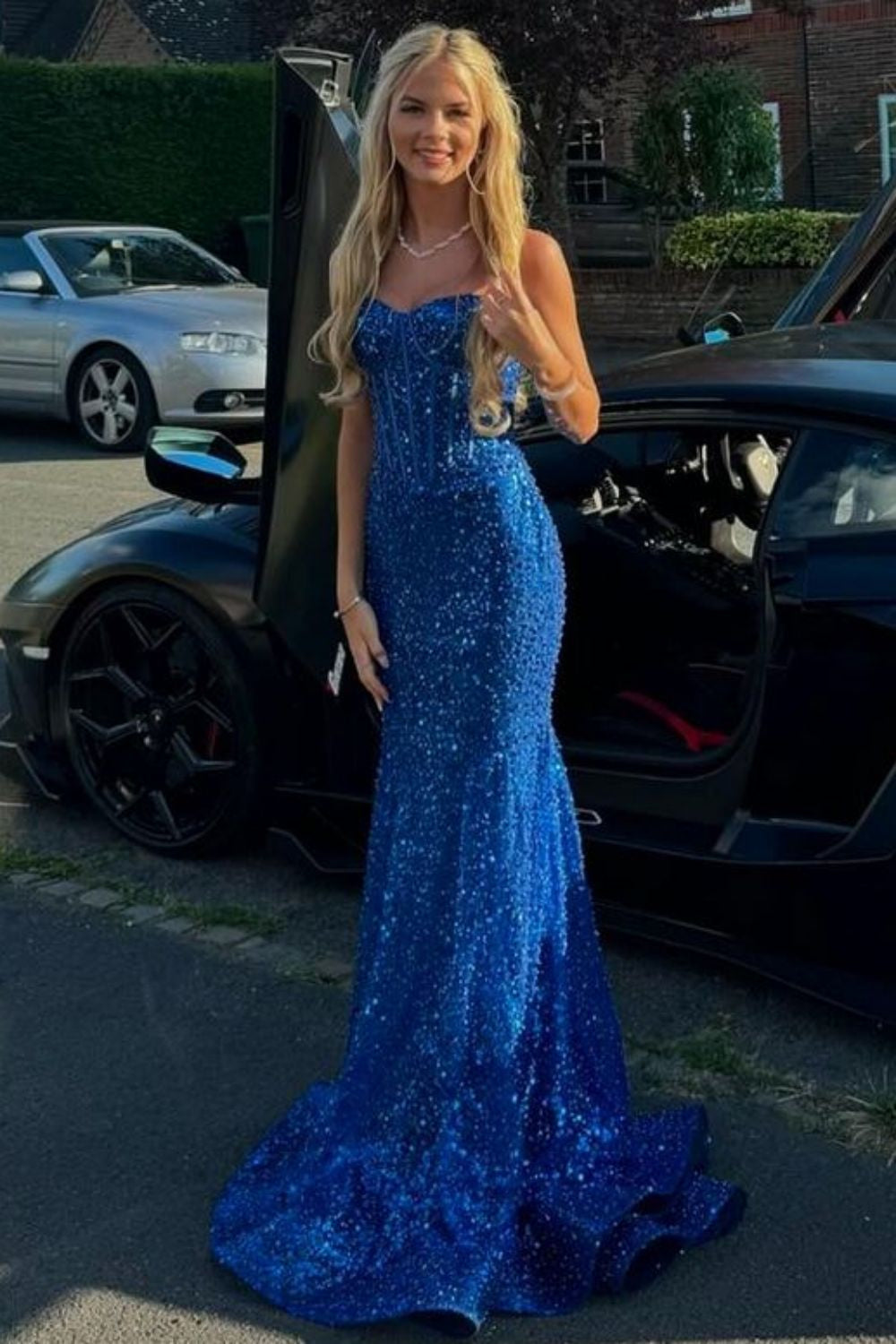Sparkly Gold Spaghetti Straps Mermaid Sequin Long Corset Prom Dress