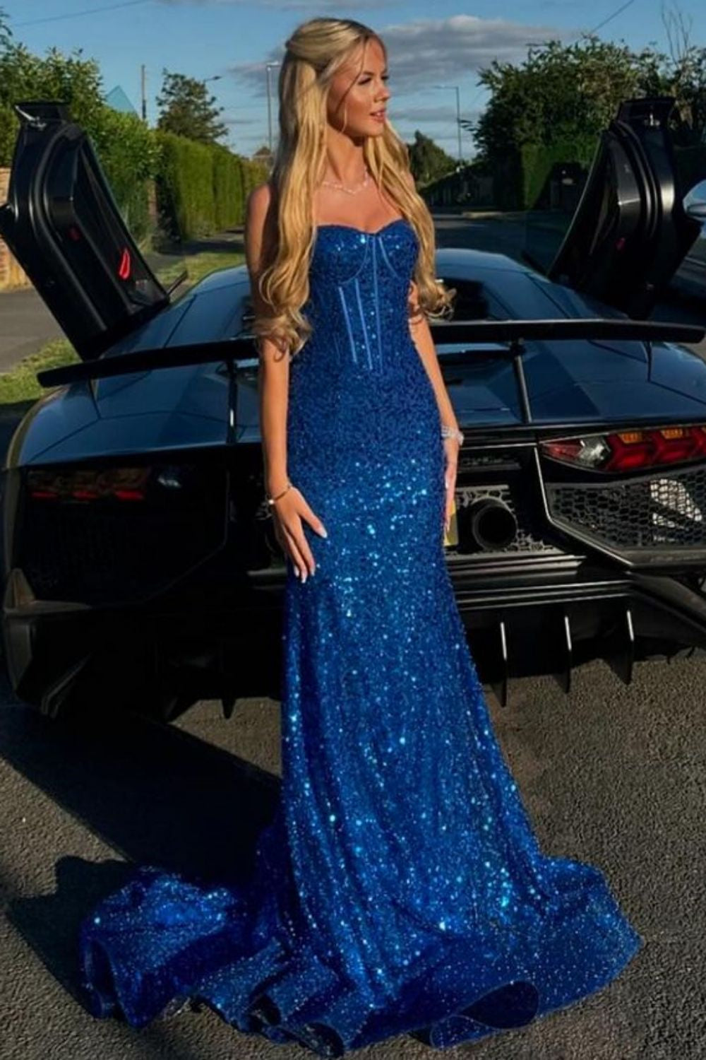 Sparkly Gold Spaghetti Straps Mermaid Sequin Long Corset Prom Dress