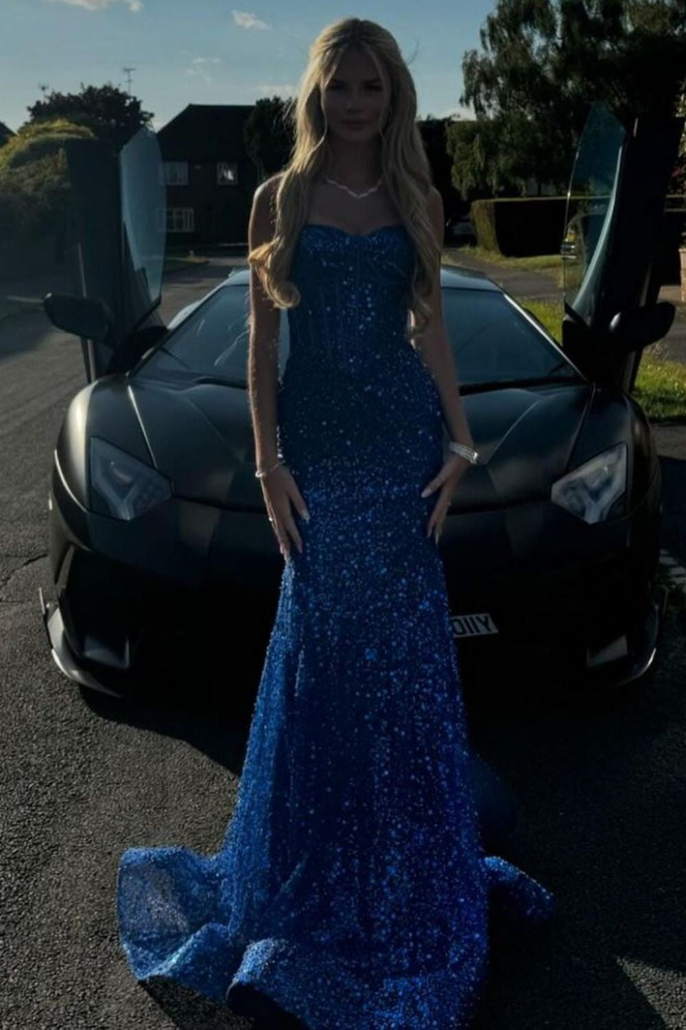 Sparkly Gold Spaghetti Straps Mermaid Sequin Long Corset Prom Dress