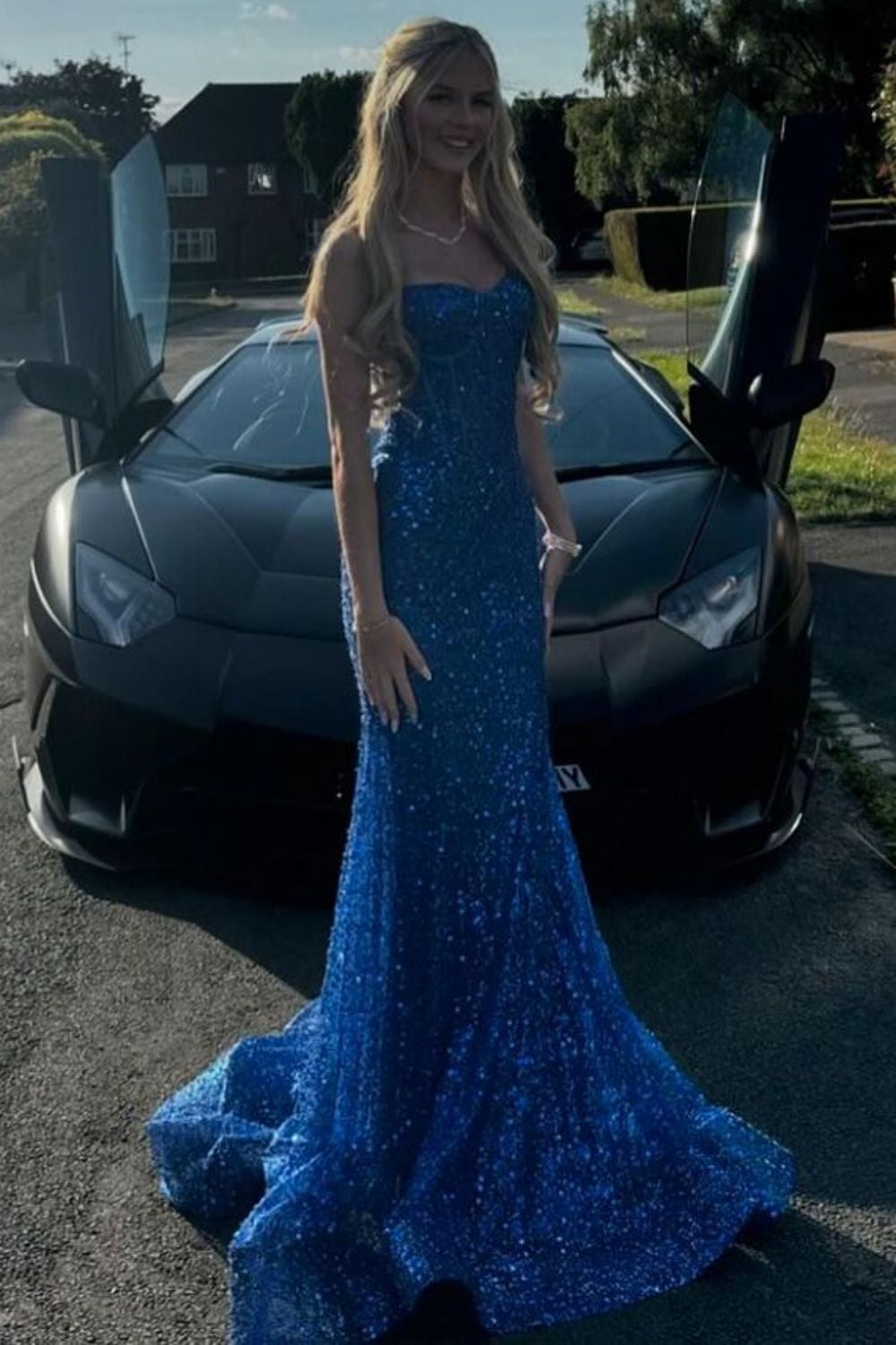 Sparkly Gold Spaghetti Straps Mermaid Sequin Long Corset Prom Dress