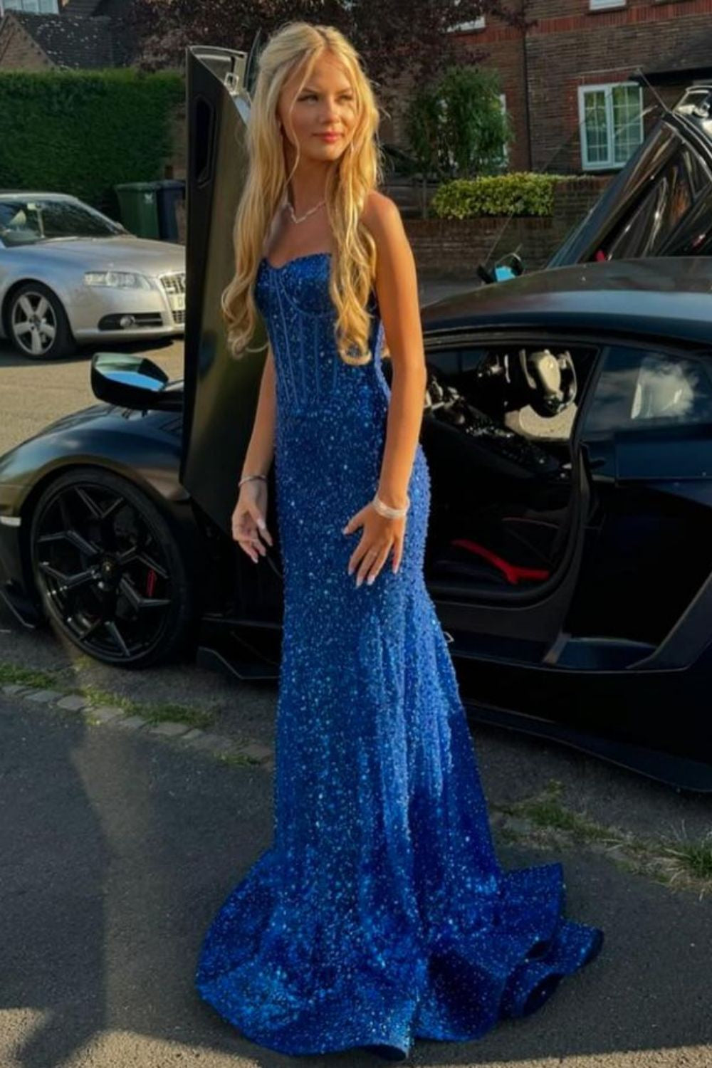 Sparkly Gold Spaghetti Straps Mermaid Sequin Long Corset Prom Dress