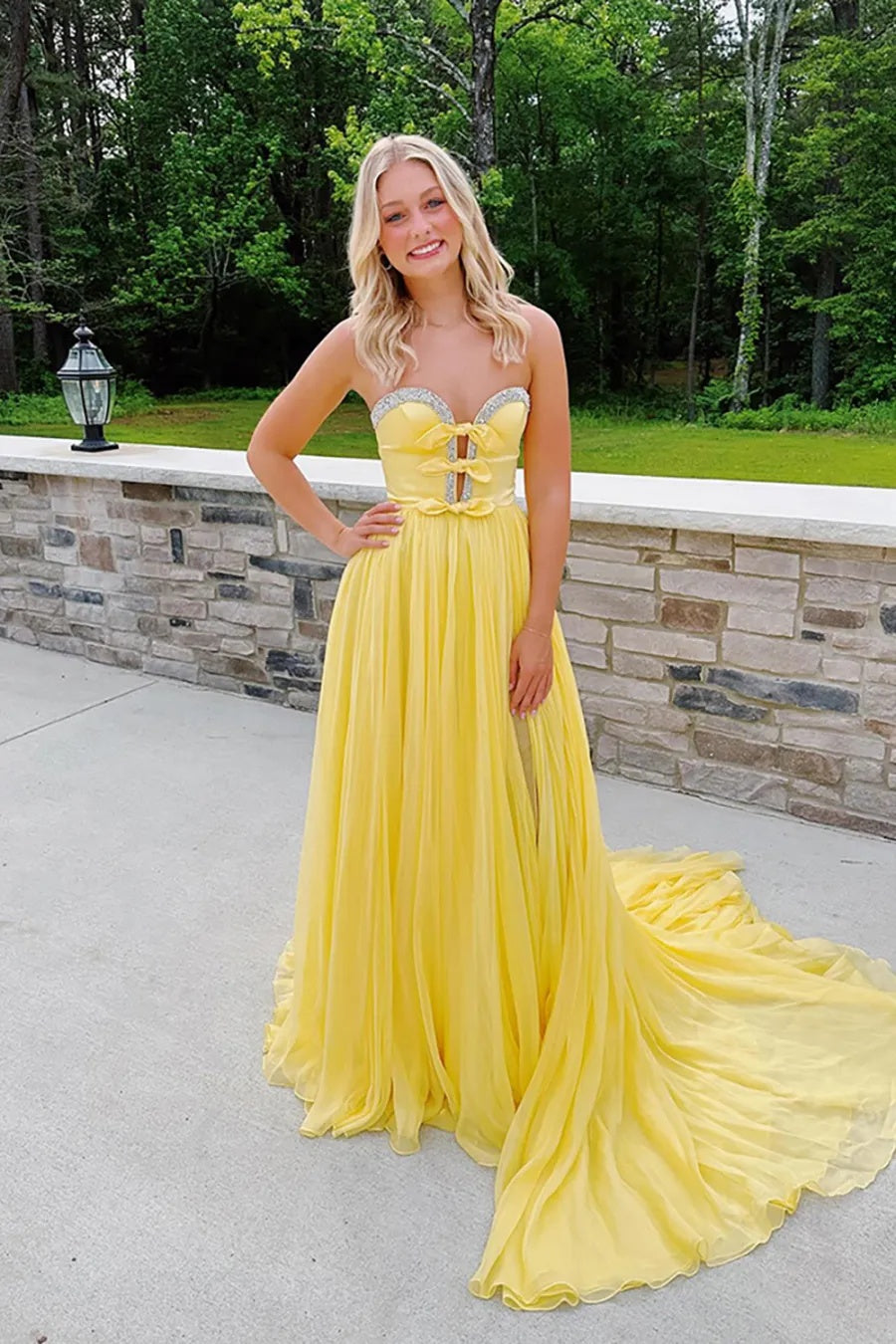 Yellow Sweetheart Chiffon A-Line Long Prom Dress with Slit