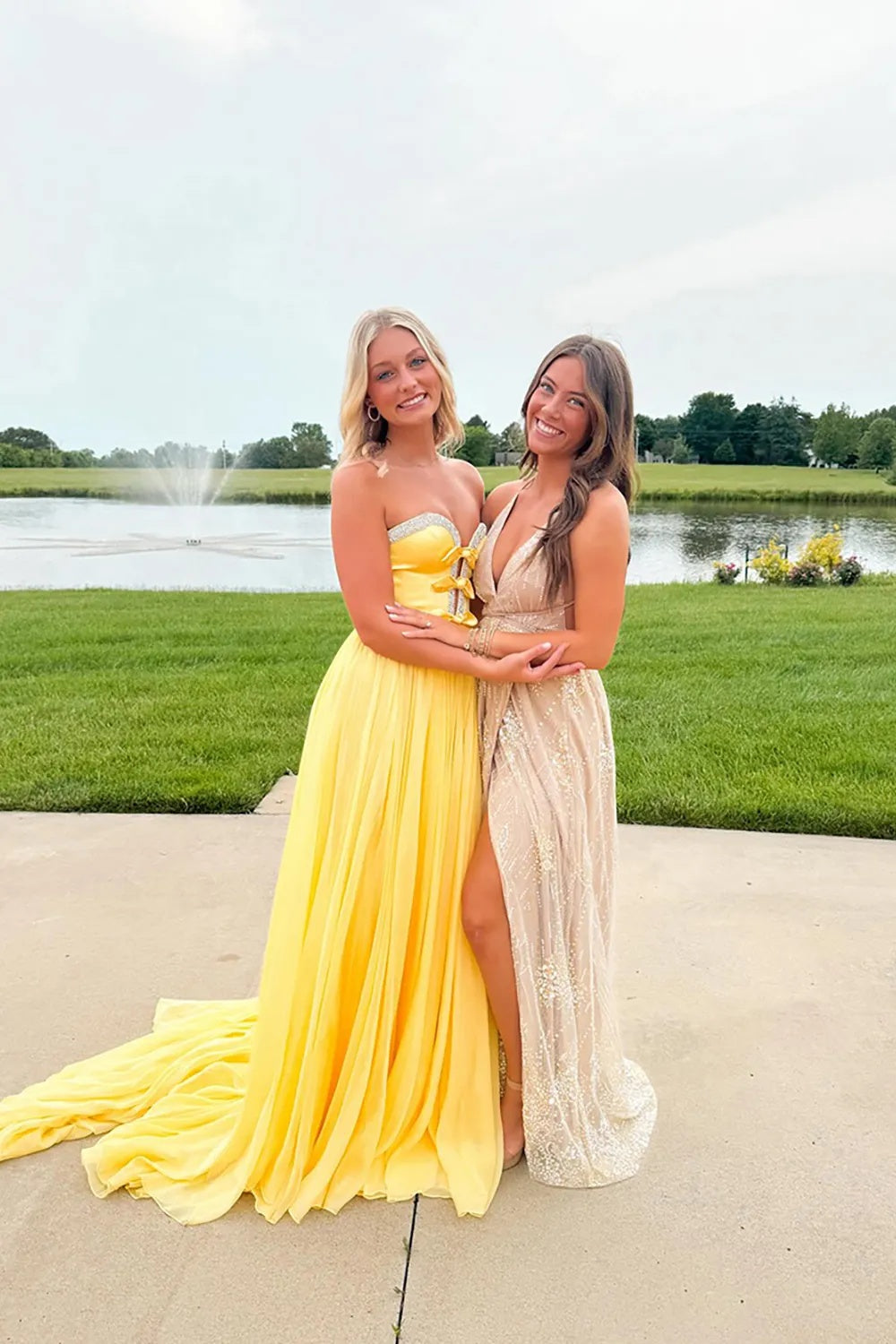 Yellow Sweetheart Chiffon A-Line Long Prom Dress with Slit