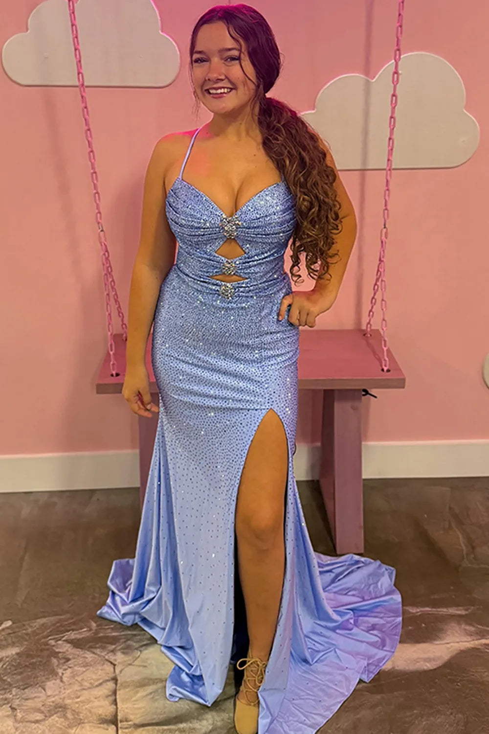 Dusty Blue Spaghetti Straps Beaded Mermaid Long Prom Dress with Slit