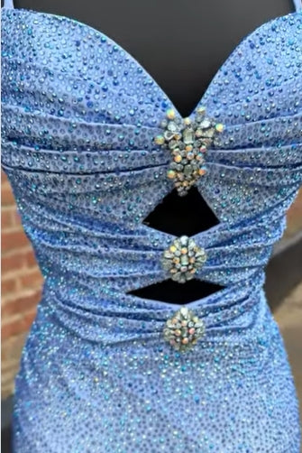 Dusty Blue Spaghetti Straps Beaded Mermaid Long Prom Dress with Slit