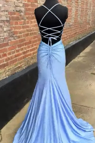 Dusty Blue Spaghetti Straps Beaded Mermaid Long Prom Dress with Slit