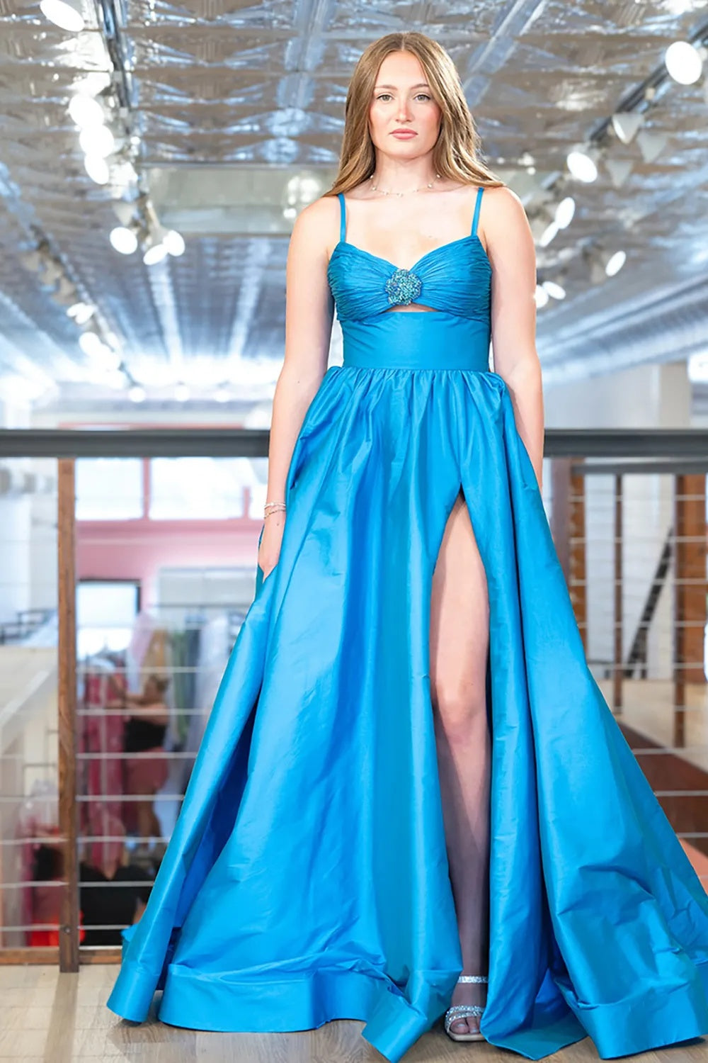 Orange Spaghetti Straps A-Line Satin Long Prom Dress with Slit