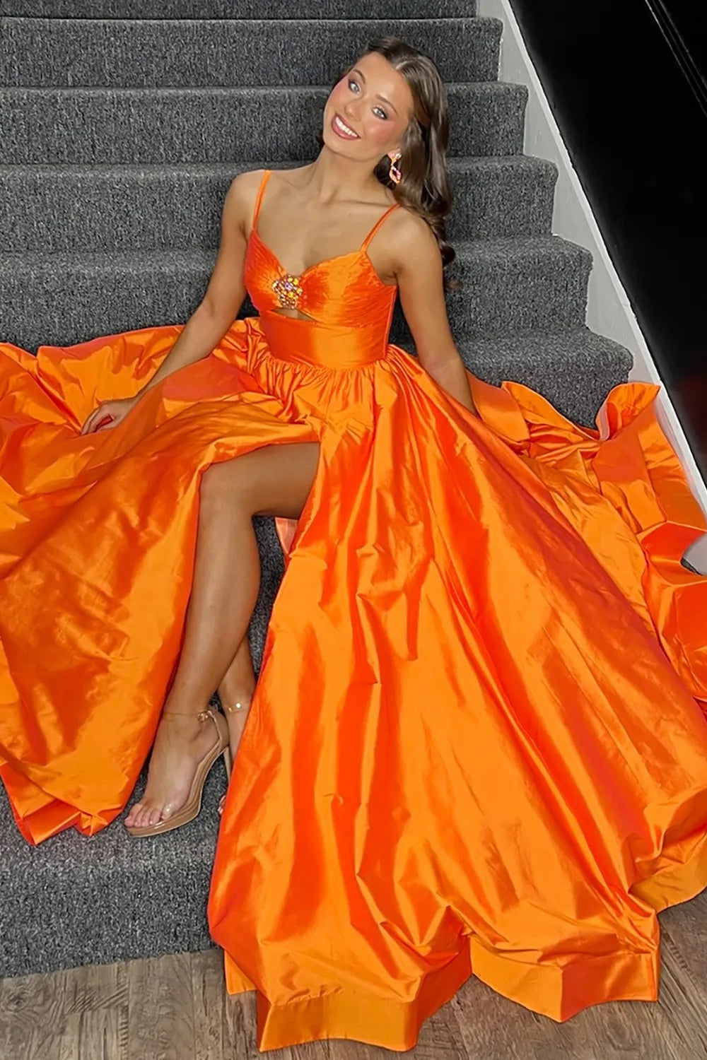 Orange Spaghetti Straps A-Line Satin Long Prom Dress with Slit