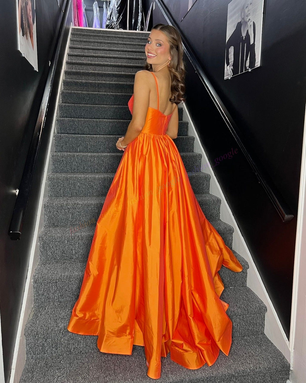 Orange Spaghetti Straps A-Line Satin Long Prom Dress with Slit
