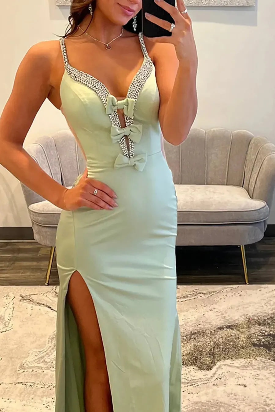Sage Spaghetti Straps Mermaid Satin Beaded Long Prom Dress with Slit