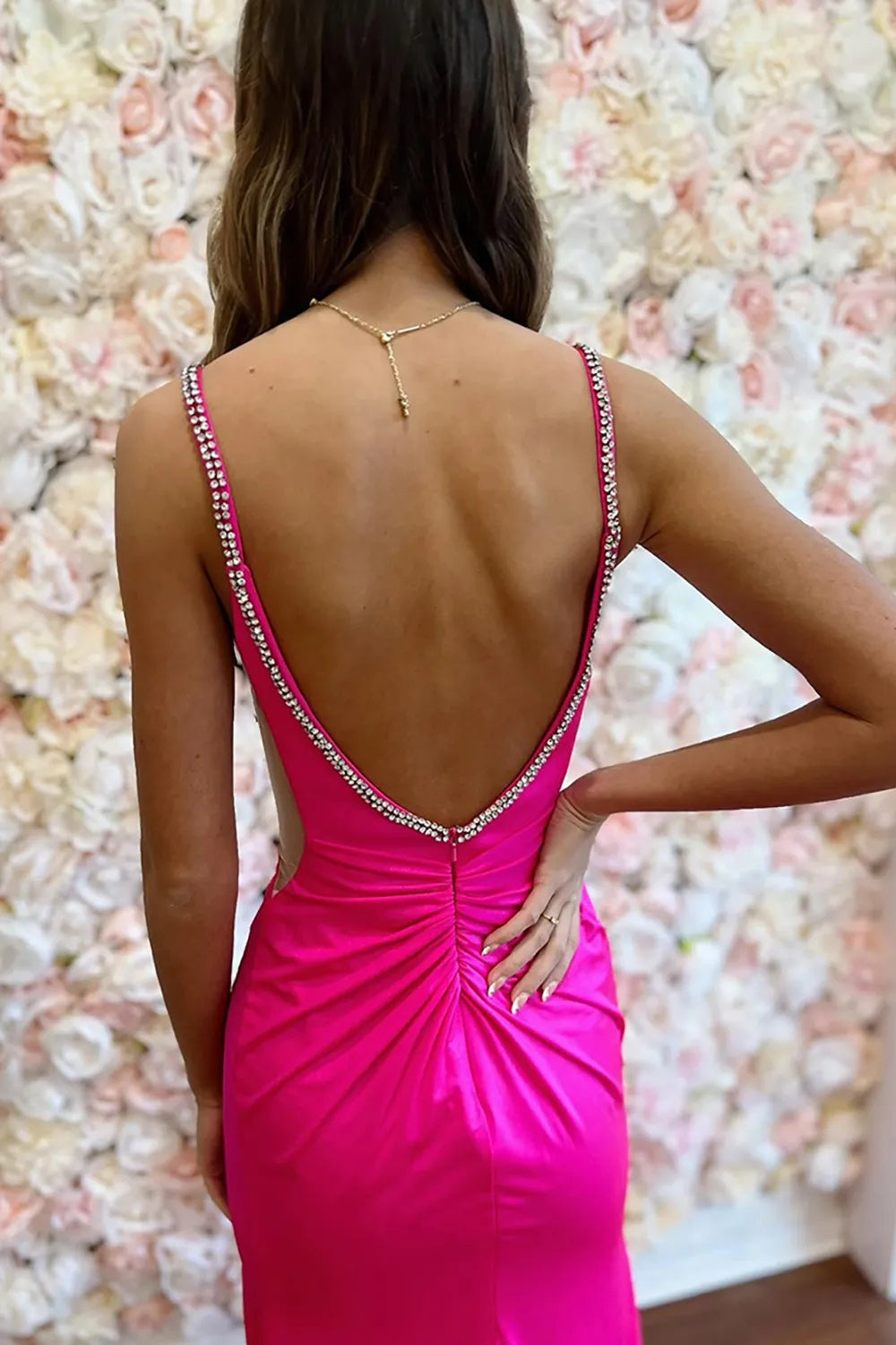 Sage Spaghetti Straps Mermaid Satin Beaded Long Prom Dress with Slit