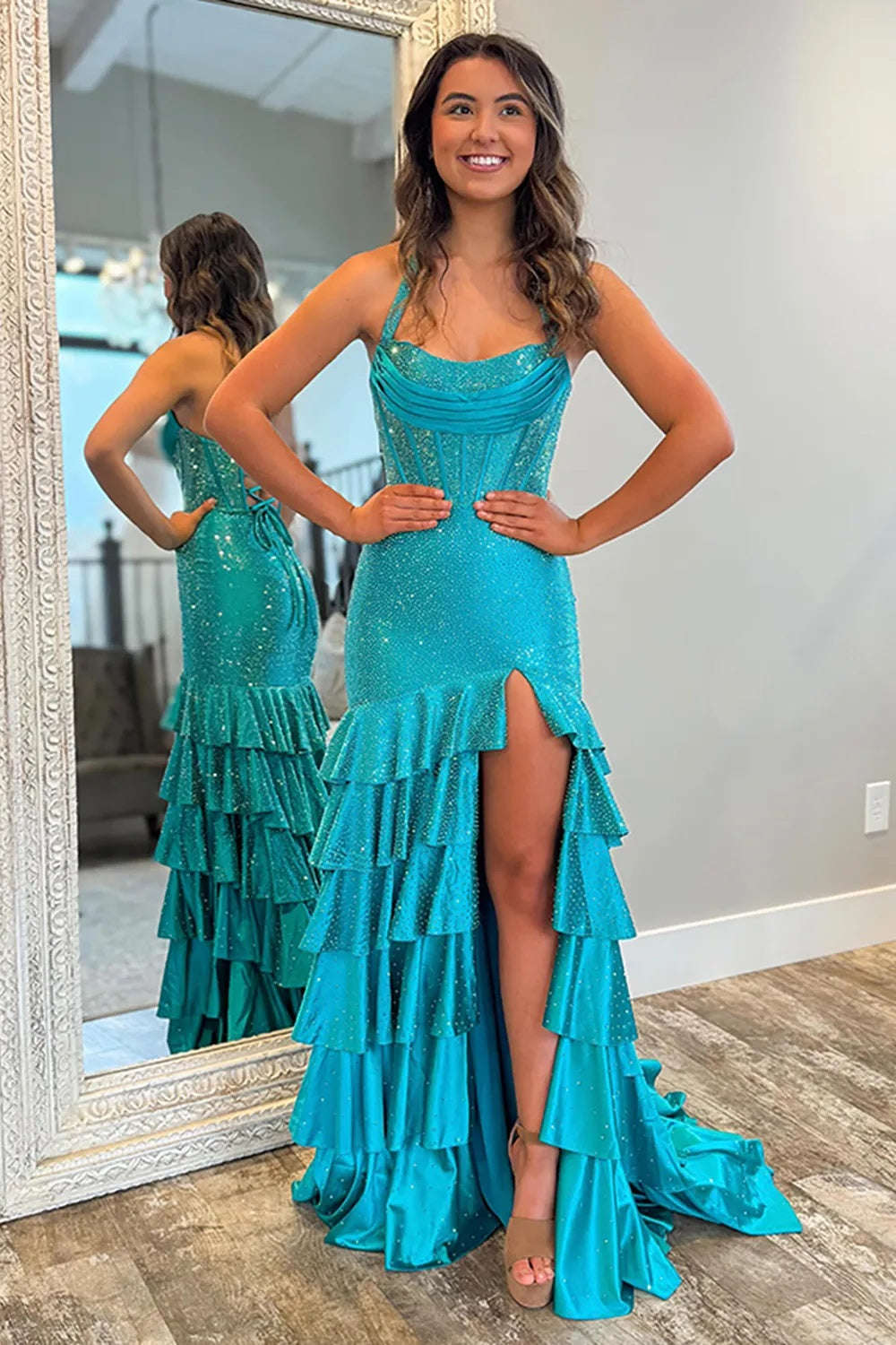 Red Halter Mermaid Tiered Satin Beaded Long Prom Dress with Slit
