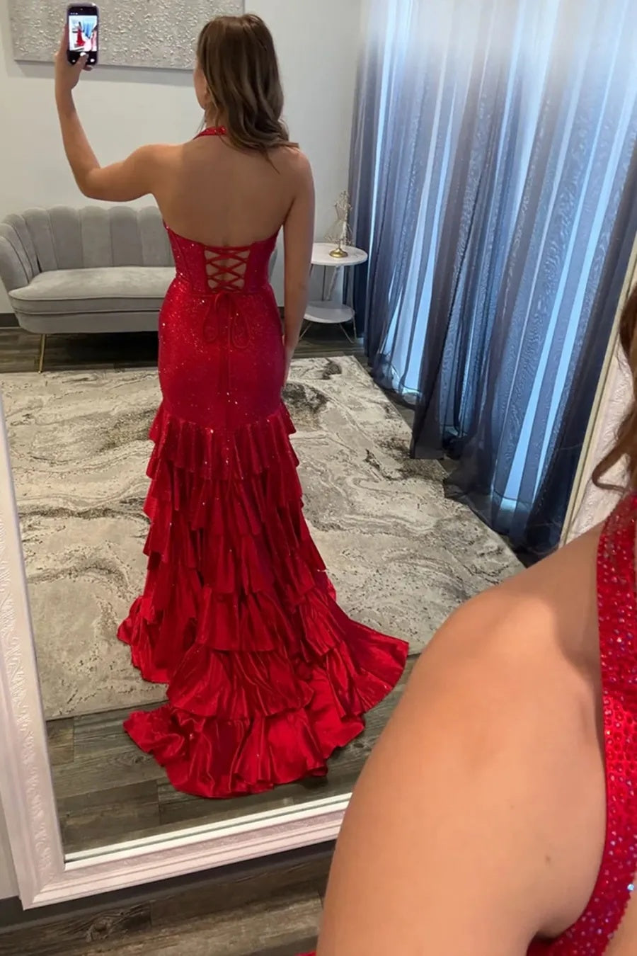 Red Halter Mermaid Tiered Satin Beaded Long Prom Dress with Slit