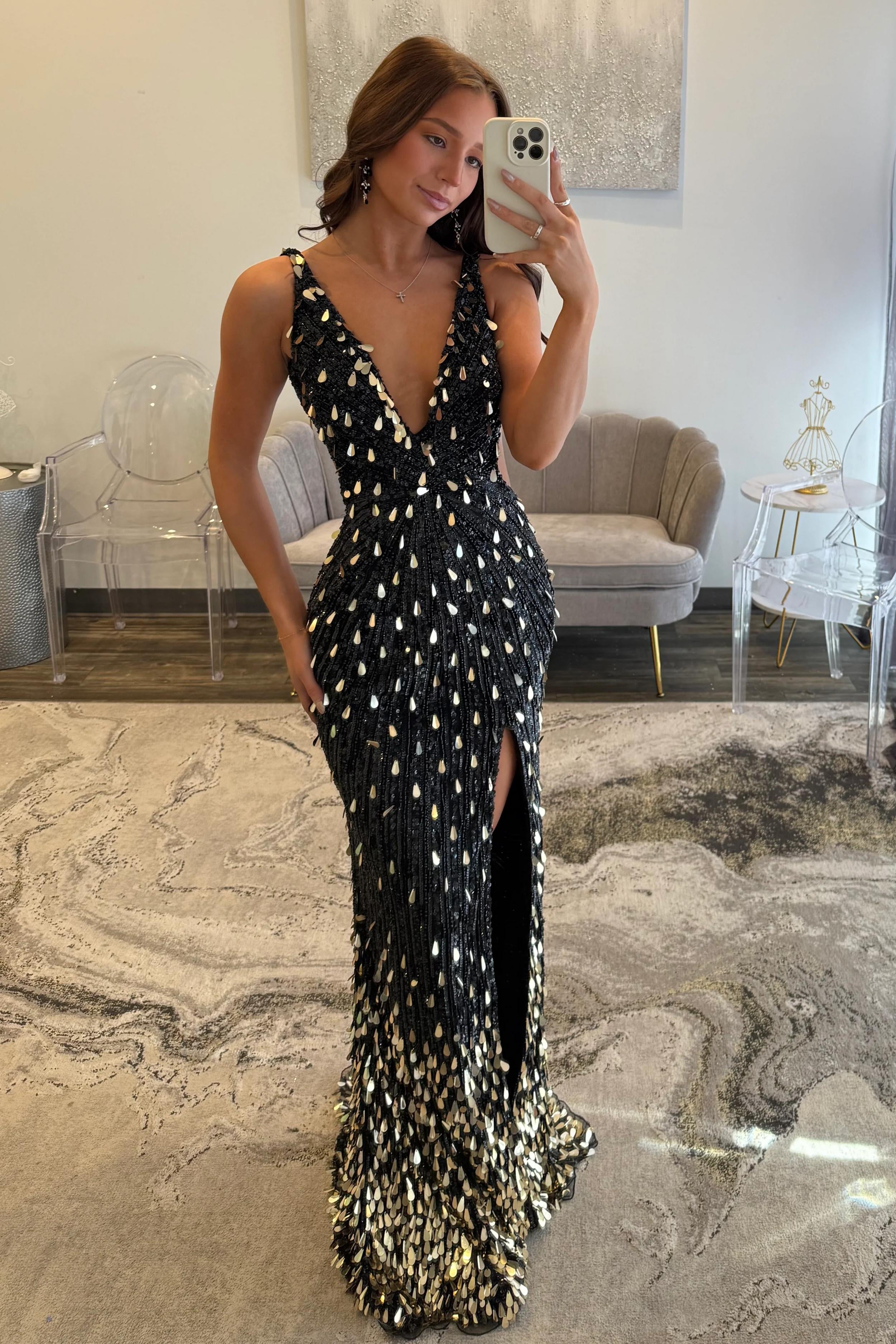 Sparkly Black V-Neck Sequin Mermaid Long Prom Dress with Slit