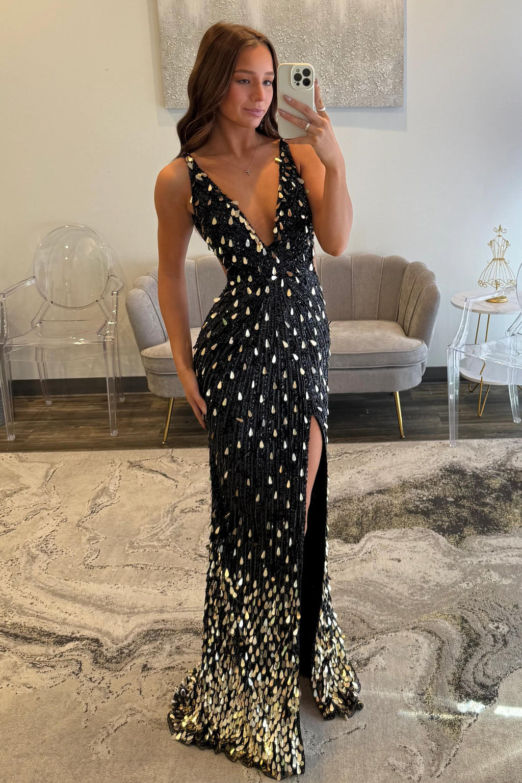 Sparkly Black V-Neck Sequin Mermaid Long Prom Dress with Slit