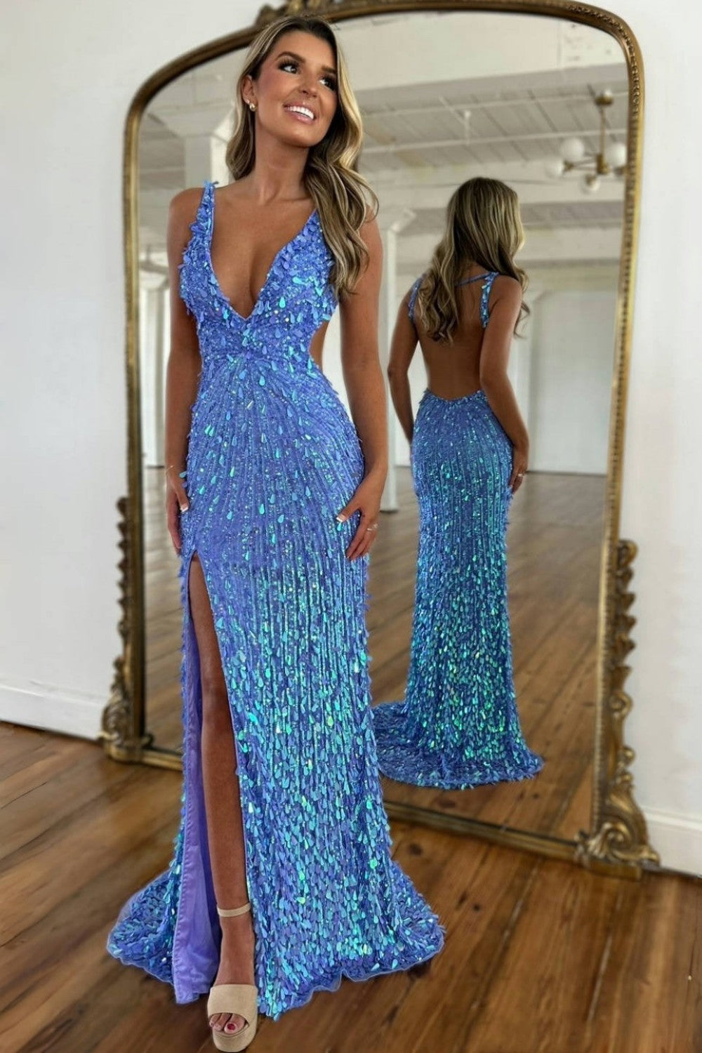 Sparkly Black V-Neck Sequin Mermaid Long Prom Dress with Slit