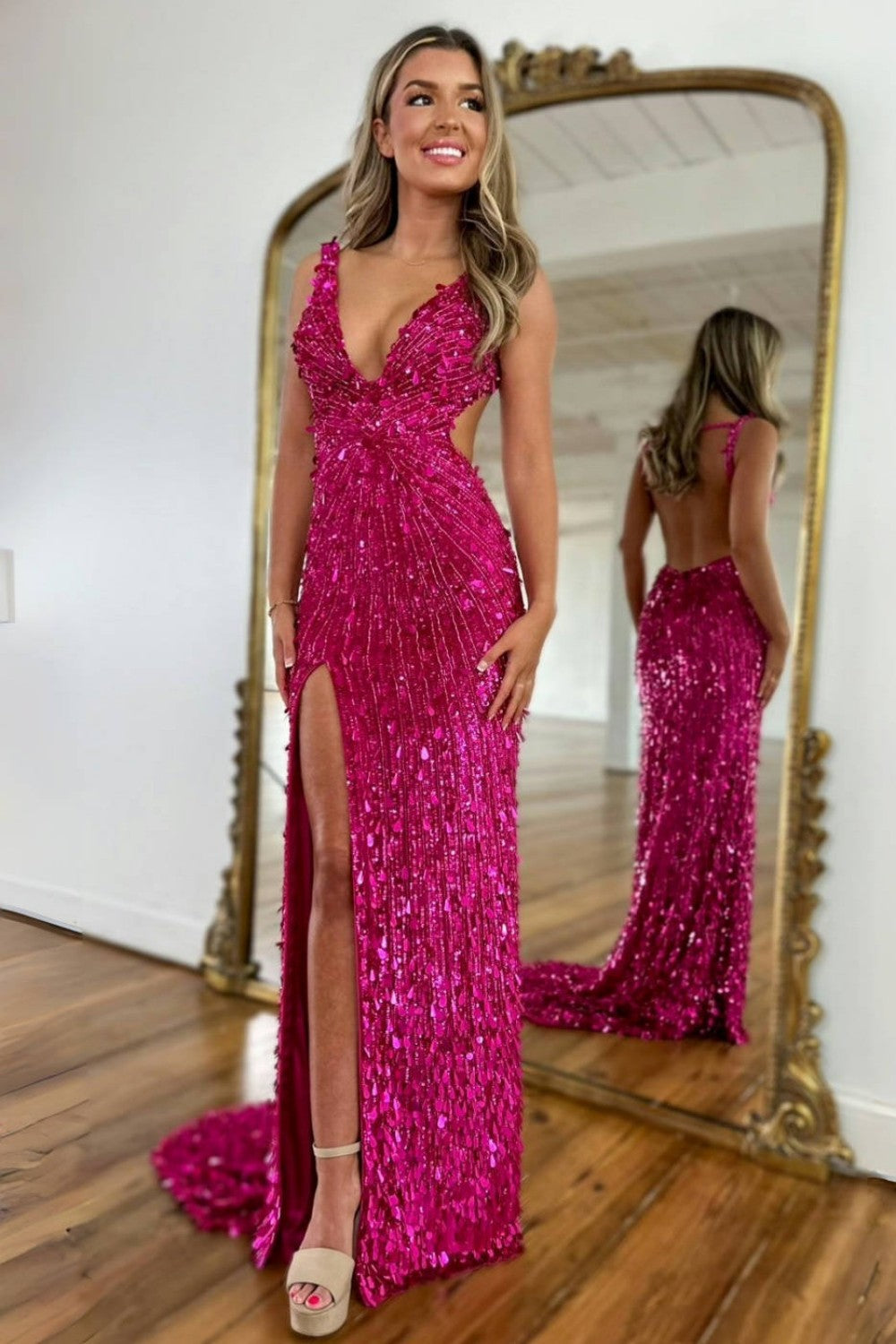 Sparkly Black V-Neck Sequin Mermaid Long Prom Dress with Slit