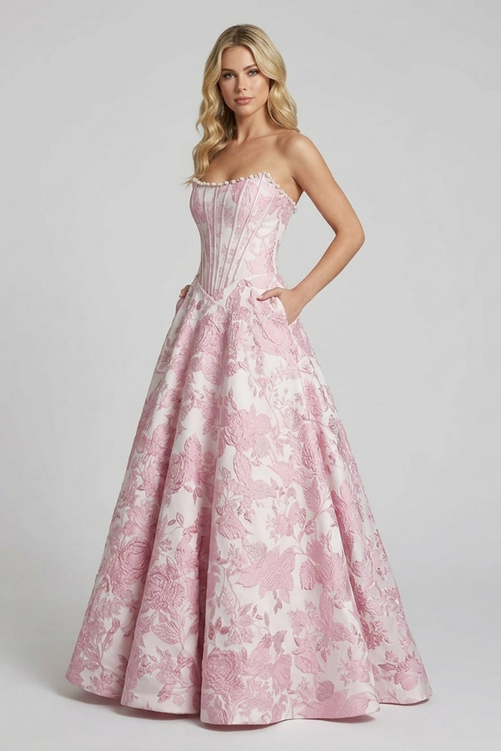 Blush Pink Strapless Jacquard Princess Long Corset Prom Dress