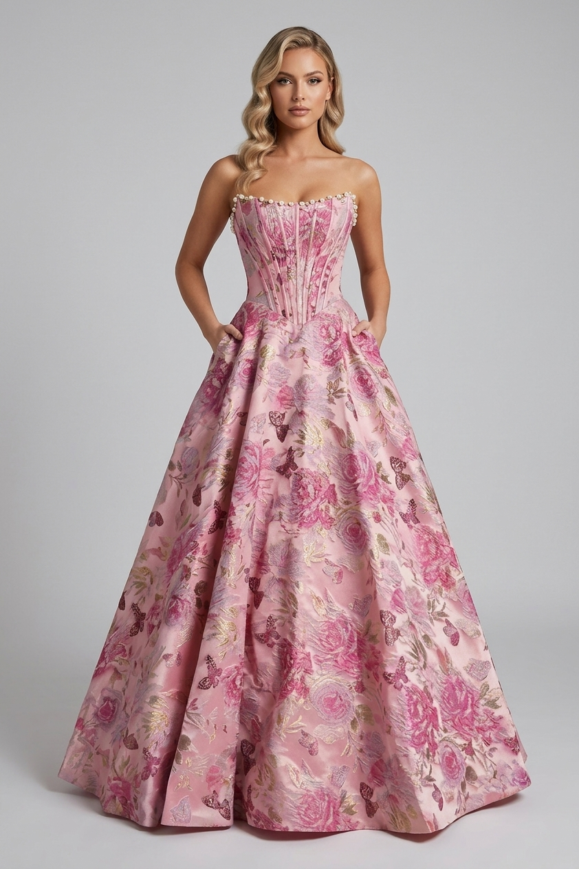 Blush Pink Strapless Jacquard Princess Long Corset Prom Dress