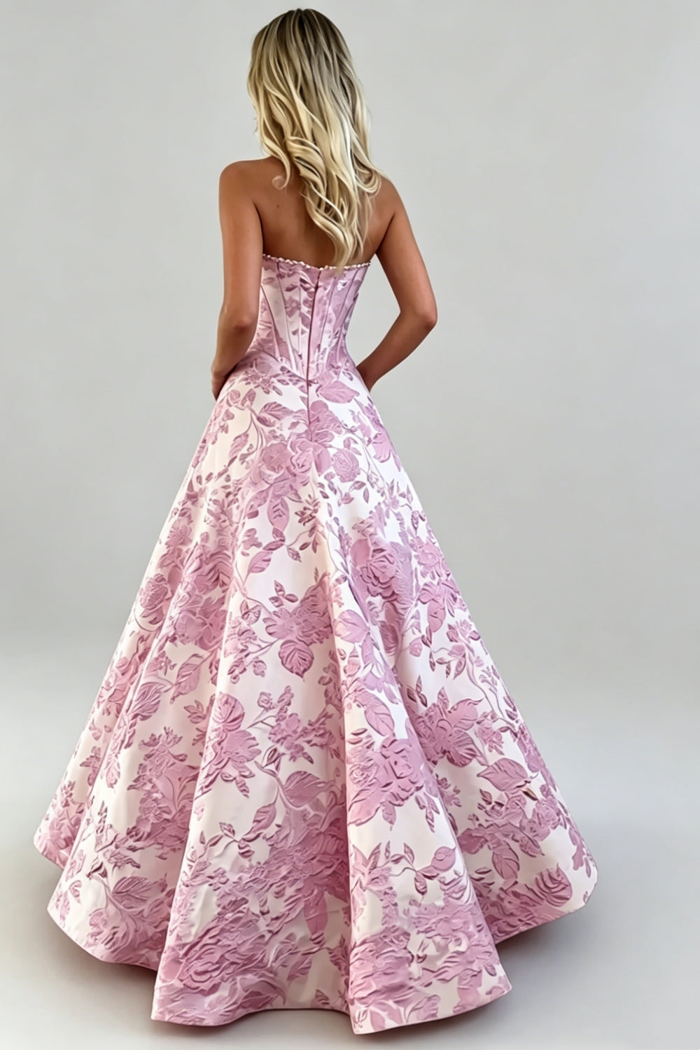 Blush Pink Strapless Jacquard Princess Long Corset Prom Dress