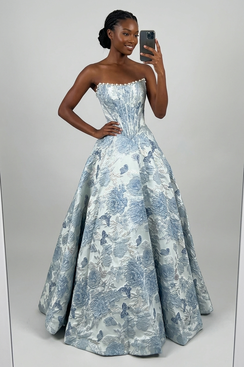 Blush Pink Strapless Jacquard Princess Long Corset Prom Dress