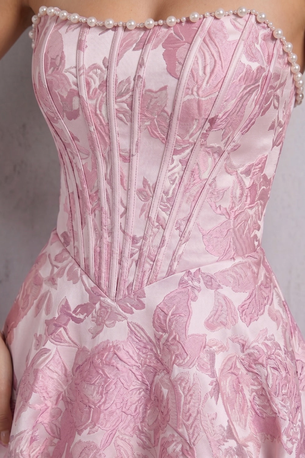 Blush Pink Strapless Jacquard Princess Long Corset Prom Dress