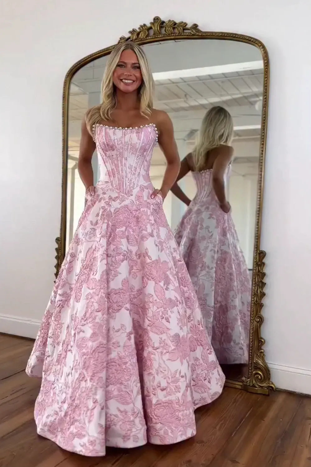 Blush Pink Jacquard Strapless Princess Long Corset Prom Dress