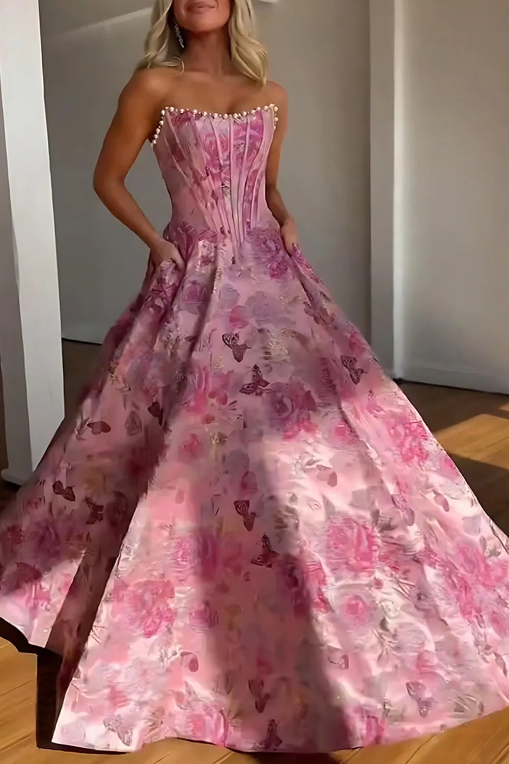 Blush Pink Jacquard Strapless Princess Long Corset Prom Dress