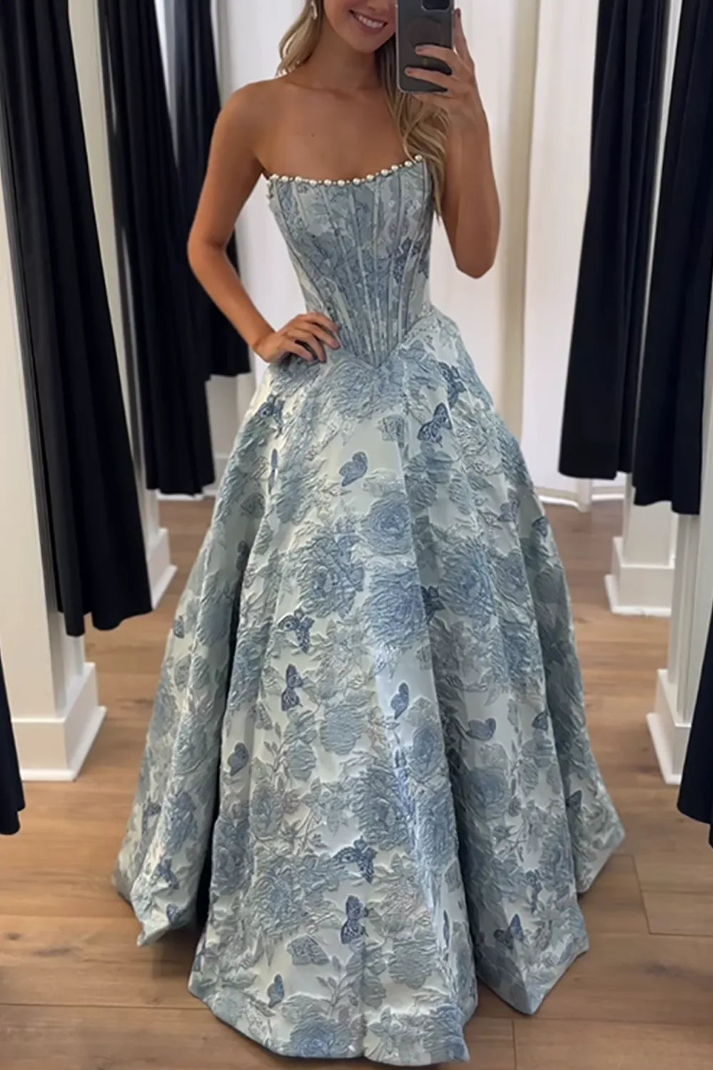 Blush Pink Jacquard Strapless Princess Long Corset Prom Dress