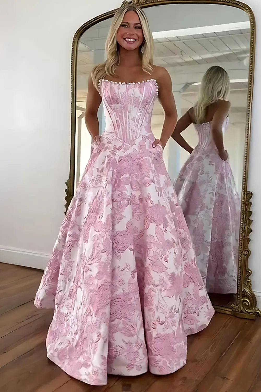 Blush Pink Jacquard Strapless Princess Long Corset Prom Dress