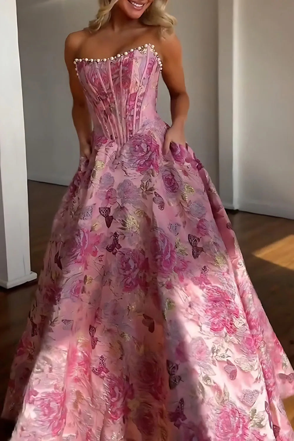 Blush Pink Jacquard Strapless Princess Long Corset Prom Dress